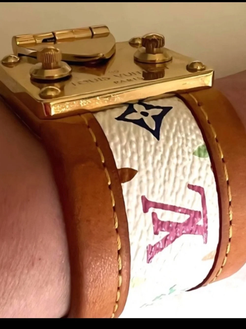 Louis Vuitton White Multicolor Monogram Leather Bracelet with Gold Hardware EUC